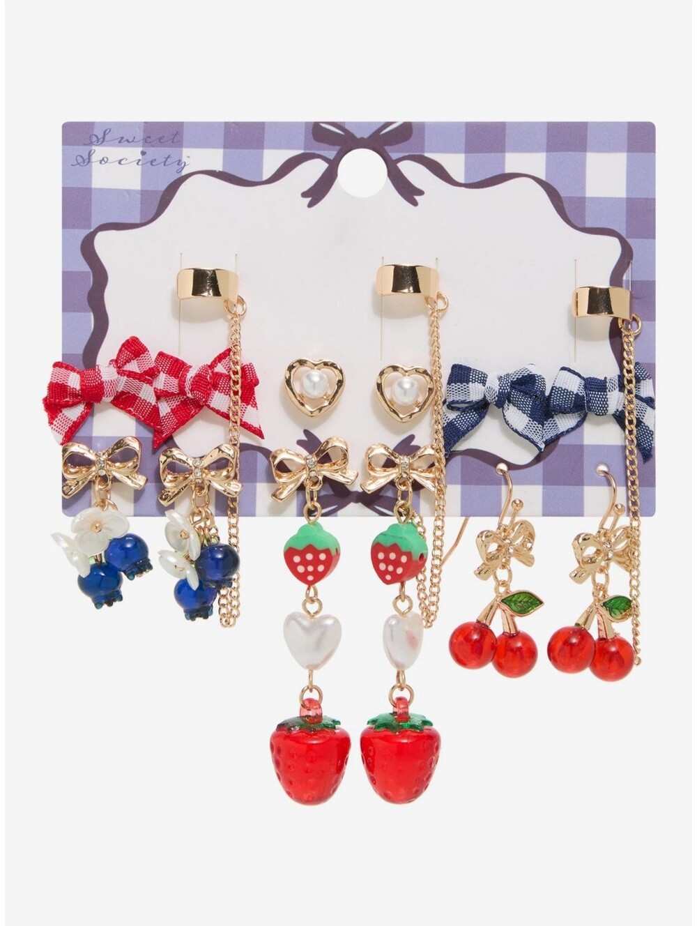 NWT Hot Topic Sweet Society Womens Girls Bow Fruit Cuff Earring Set 6 Pairs New